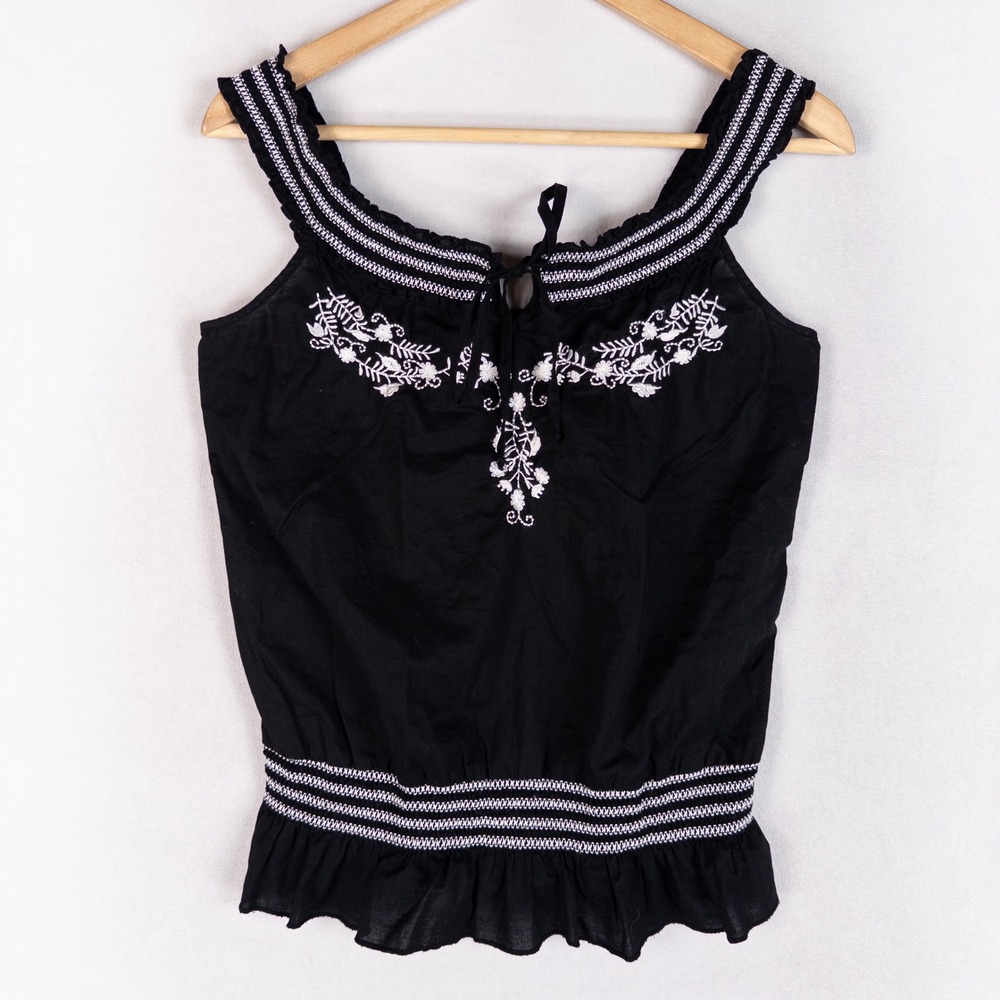 IZ Byer California Womens Tank Top Medium Black White Embroidered Peasant Boho